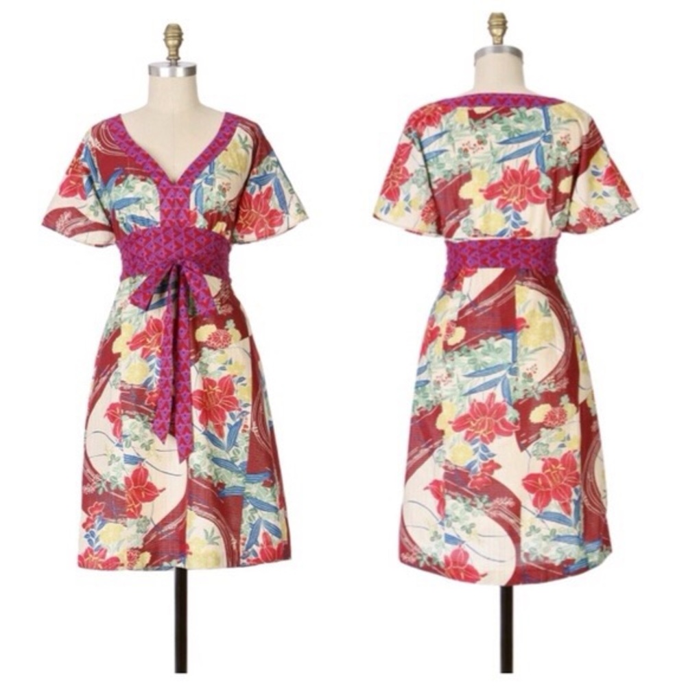 Anthropologie Floral V-Neck Dress in Cream, Red, Blue & Pink